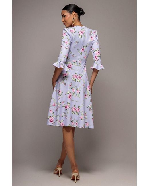 Goddiva Green Floral Printed Flared Sleeve Midi