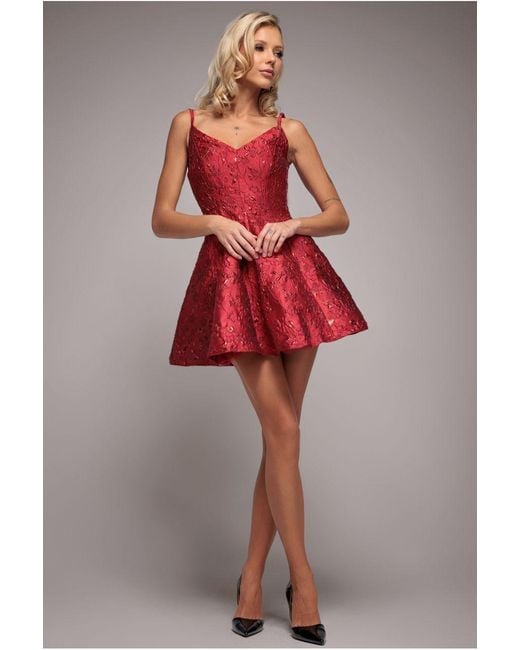 Goddiva Red Jacquard Sleeveless A-Line Mini Dress