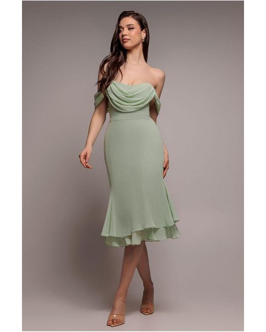 Goddiva Natural Chiffon Cowl Off Shoulder Wing Tiered Midi Dress