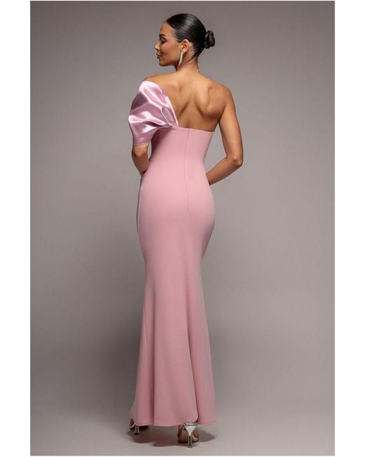 Goddiva Pink Off The Shoulder Satin Bow Neck Maxi Dress