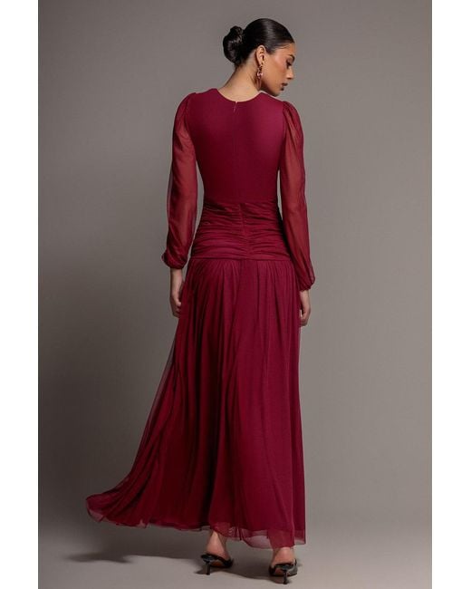 Goddiva Gathered Balloon Sleeve Mesh Maxi Dress