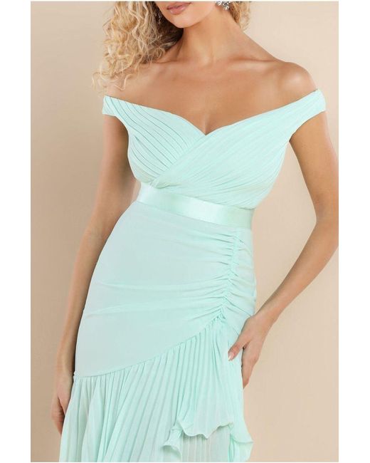 Goddiva Blue Pleated Bardot High Low Tier Chiffon Midaxi Dress