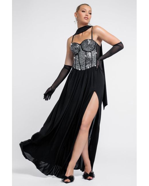 Goddiva Black Sequin Corset Side Split Jersey Maxi Skirt With Scarf & Stretch Mesh Gloves