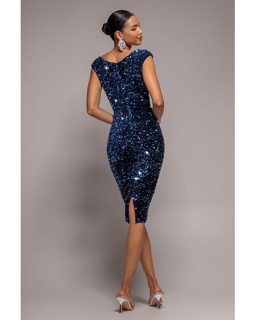 Goddiva Blue Multi Sequin & Velvet Bardot Midi Dress