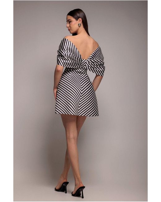 Goddiva Gray Stripe Off Shoulder Bow Back Satin Bow Mini Dress
