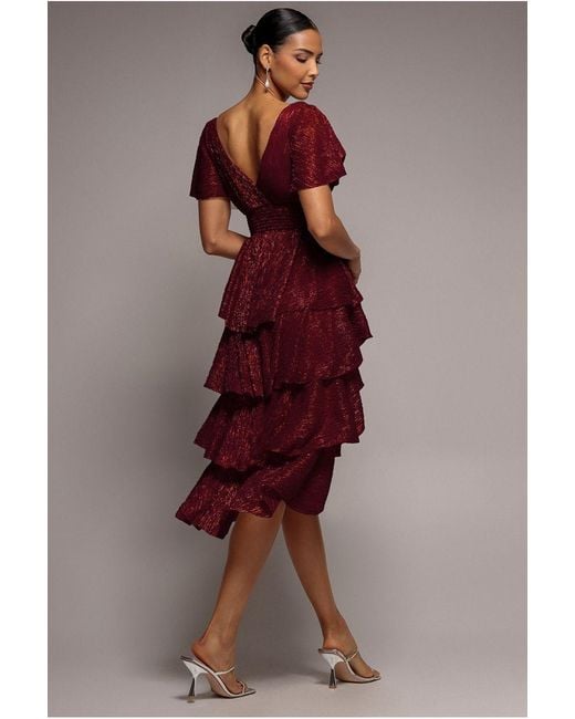 Goddiva Crinkle Lurex High Low Layered Midi Dress