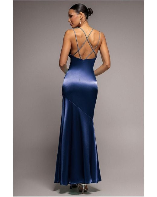 Goddiva Blue Cowl Neck With Strappy Back Satin Maxi