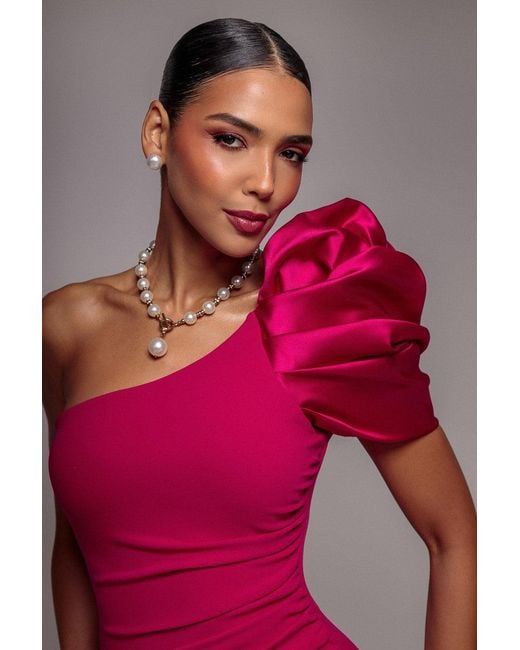 Goddiva Red One Shoulder Puffed Satin Sleeve Evening Maxi Dress