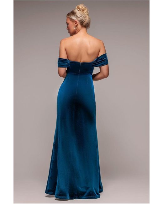Goddiva Blue Off The Shoulder Front Split Velvet Maxi Dress
