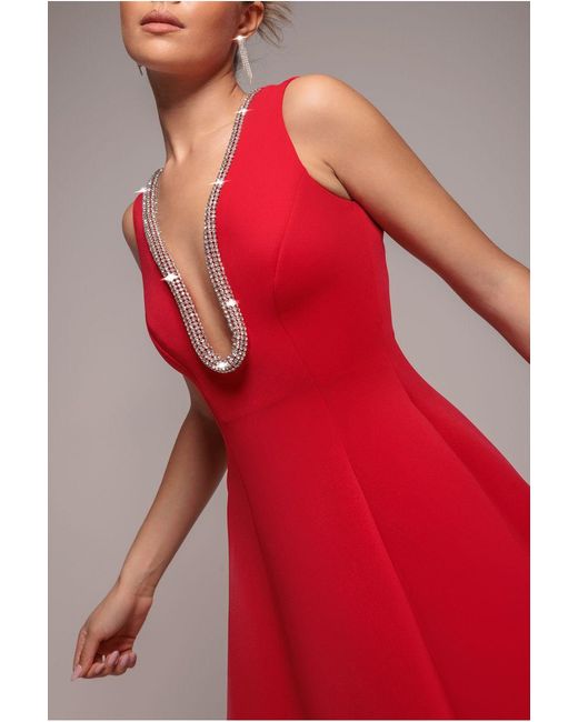 Goddiva Red Diamante Embellished Neck A-Line Midi Dress