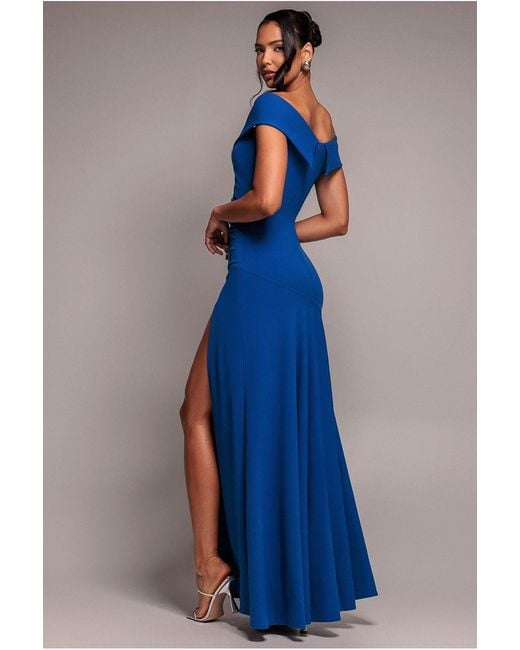 Goddiva Blue Scuba Crepe Off Shoulder Front Split Maxi Dress