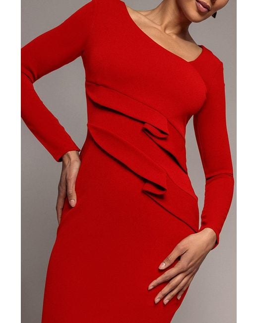 Goddiva Red Scuba Crepe Side Neck Bodycon Midi Dress