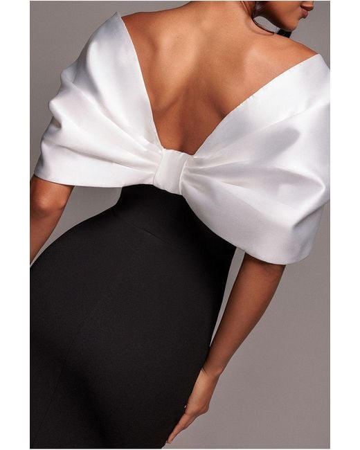 Goddiva Black Contrast Off Shoulder Back Satin Bow Scuba Maxi Dress