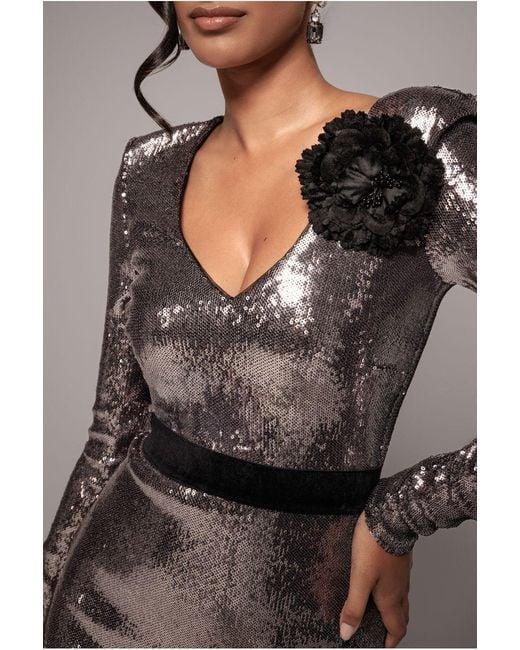 Goddiva Metallic Liquid Sequin Corsage Maxi