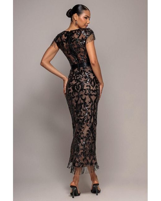 Goddiva Brown Embroidered Sequin Tassel Front Split Midaxi Dress