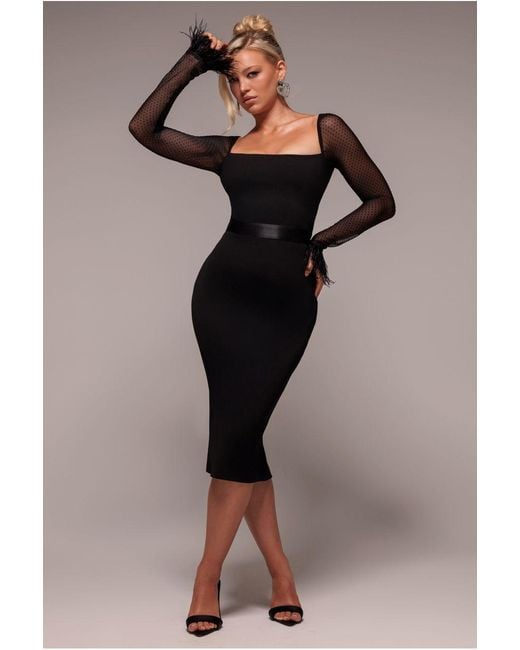 Goddiva Black Dobby Mesh Feather Sleeve Bodycon Midi Dress