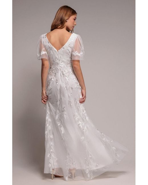 Goddiva White Flared Sleeve Embroidered Maxi Dress