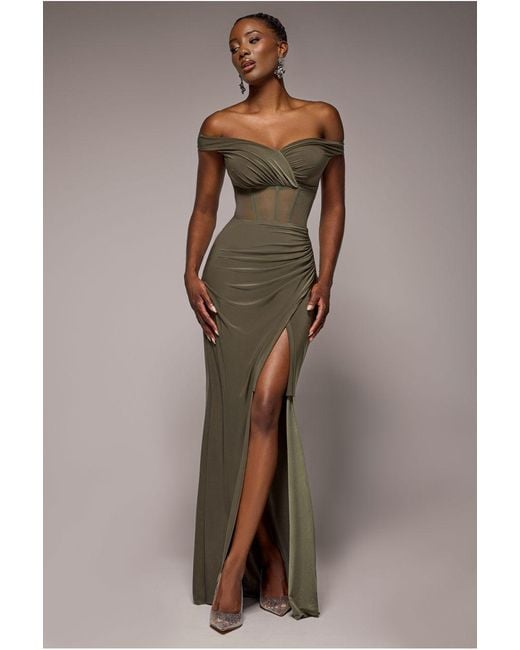 Goddiva Green Off The Shoulder Corset Waist Mesh Wrap Skirt Soft Touch Maxi Dress
