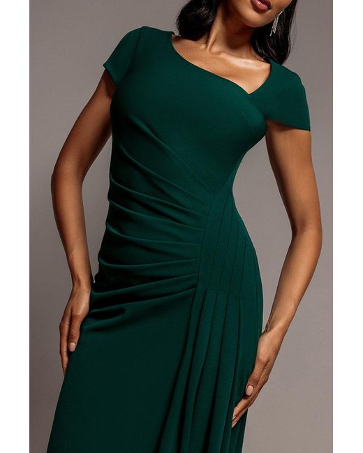 Goddiva Green Cap Sleeve Pleated Asymmetric Maxi Dress