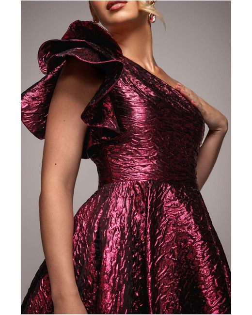 Goddiva Red One Shoulder Frill Jacquard Skater Midi Dress