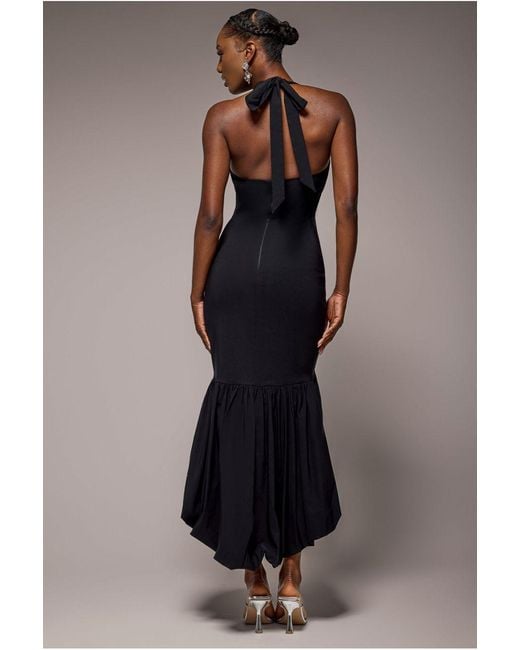 Goddiva Black Halter Neck Puff Hem Mermaid Midaxi Dress