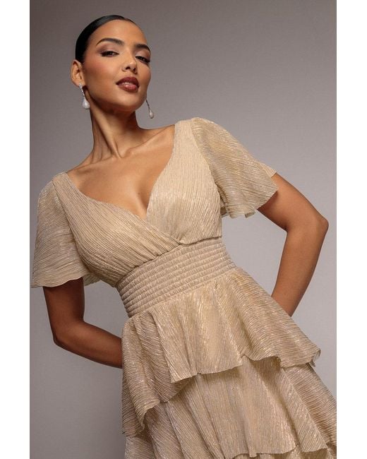 Goddiva Brown Crinkle Lurex High Low Layered Midi Dress