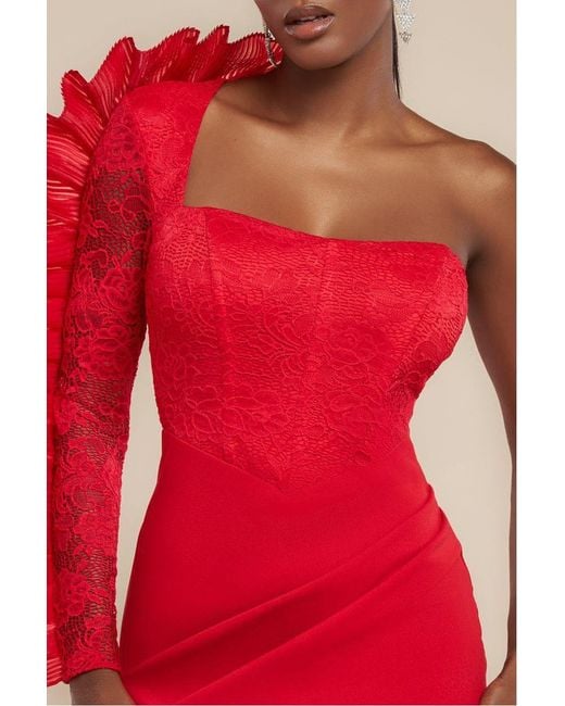 Goddiva Red One Shoulder Organza Fan Detail Lace Bodice Maxi Dress