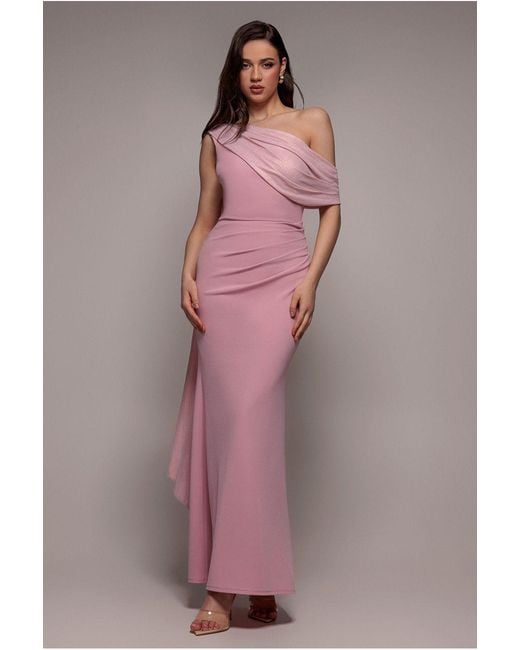 Goddiva Pink Lurex Pleated Bardot One Shoulder Cape Maxi Dress