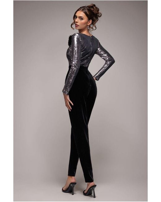 Goddiva Blue Liquid Sequin Jumpsuit With Corsage