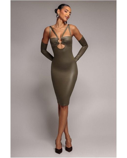 Goddiva Green Faux Leather Cut Out Sheath Midi Dress
