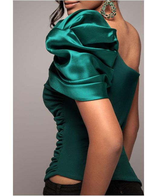Goddiva Green One Shoulder Puffed Satin Sleeve Asymmetric Scuba Top