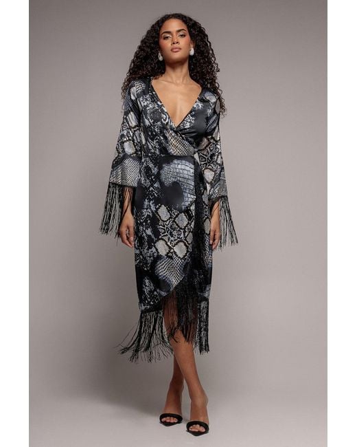 Goddiva Black Foil Print Wrap Midi With Tassels