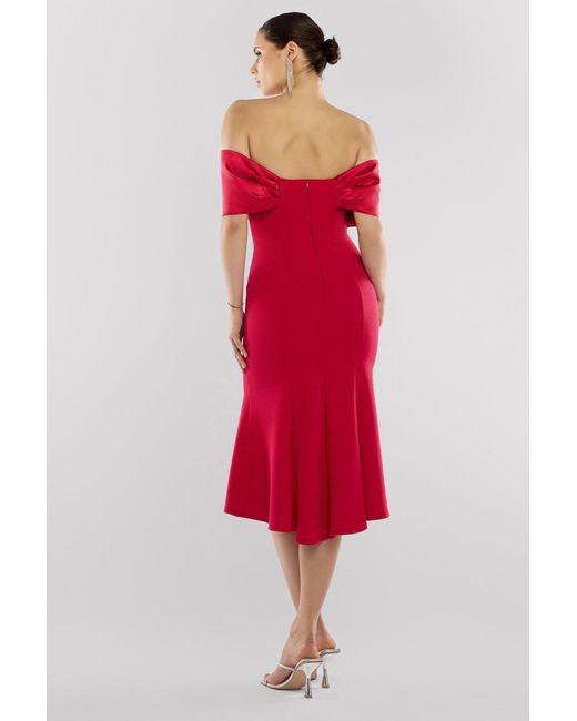 Goddiva Red Twist Knot Satin & Scuba Bardot High Low Midi Dress