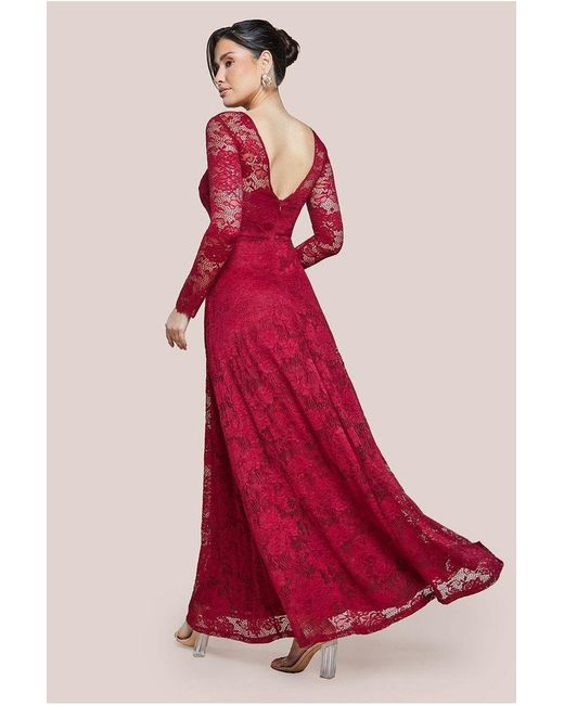 Goddiva Red Scalloped Lace A-Line Maxi Dress