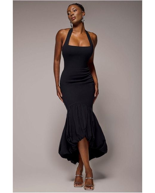 Goddiva Black Halter Neck Puff Hem Mermaid Midaxi Dress
