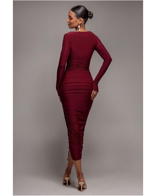 Goddiva Red Asymmetrical Neck Ruched Midi Dress