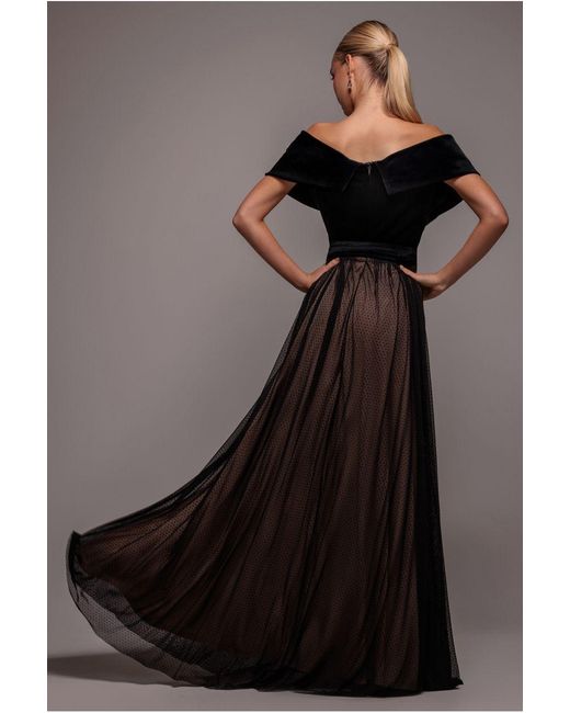 Goddiva Black Velvet Bardot Dobby Mesh A Line Maxi Dress