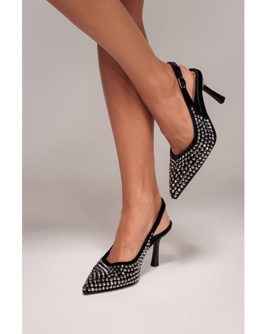 Goddiva Black Rhinestone Slingback Heeled Court Shoes