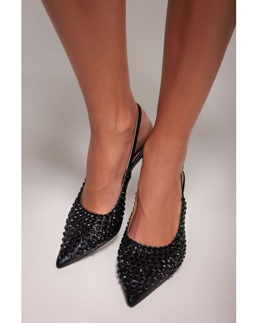 Goddiva Brown Pearl Embellished Slingback Heeled Court Shoes
