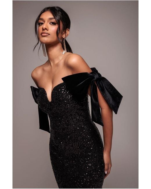 Goddiva Black Sequin Off The Shoulder Velvet Bow Maxi Dress