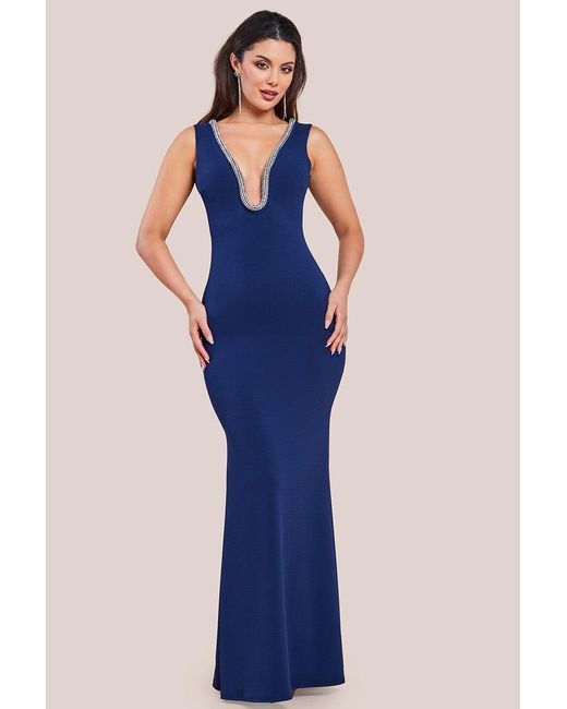 Goddiva Blue Diamante Embellished Super Plunge Scuba Maxi Dress