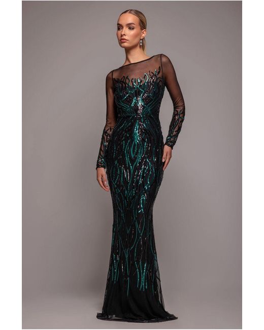 Goddiva Green Long Sleeve Sequin Flame Maxi