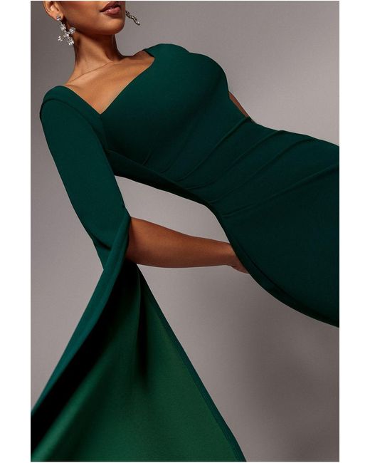 Goddiva Green One Shoulder Cape Sleeve Maxi Dress