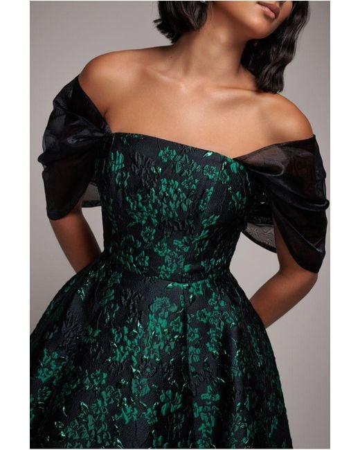 Goddiva Green Lace Up Jacquard Midi Dress With Organza Wings