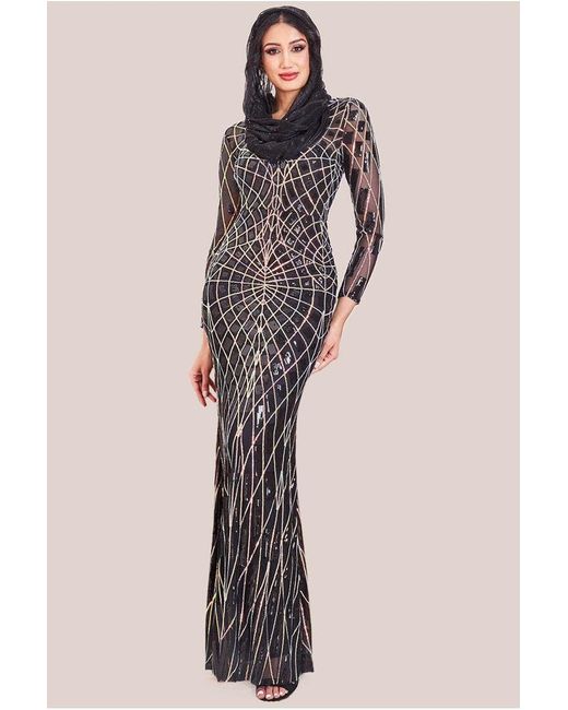 Goddiva Black Modesty Geo Sequin Maxi Dress