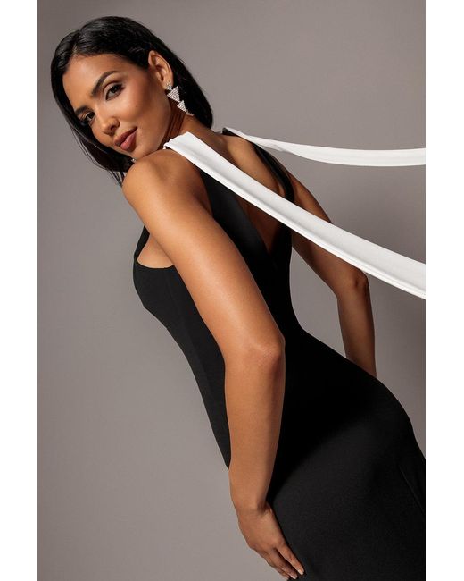 Goddiva Multicolor Contrast Crepe Halterneck Maxi Dress With Sash