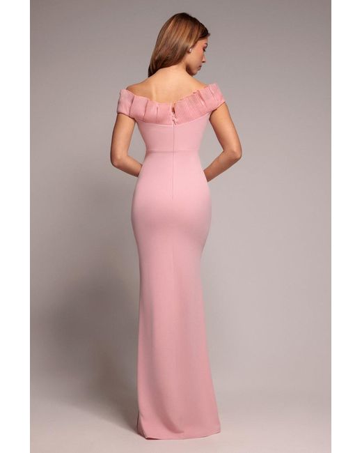 Goddiva Pink Fan Pleated Bardot Scuba Crepe Maxi Dress