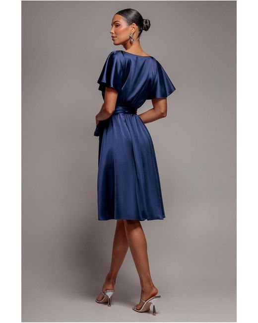 Goddiva Blue Satin Flutter Sleeve Wrap Midi Dress