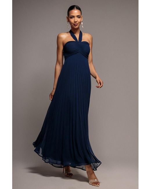 Goddiva Blue Sleeveless Pleated Chiffon Multiway Scarf Maxi Dress