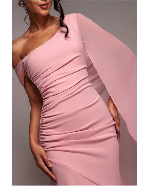 Goddiva Pink One Shoulder Cape Scuba & Chiffon Maxi Dress